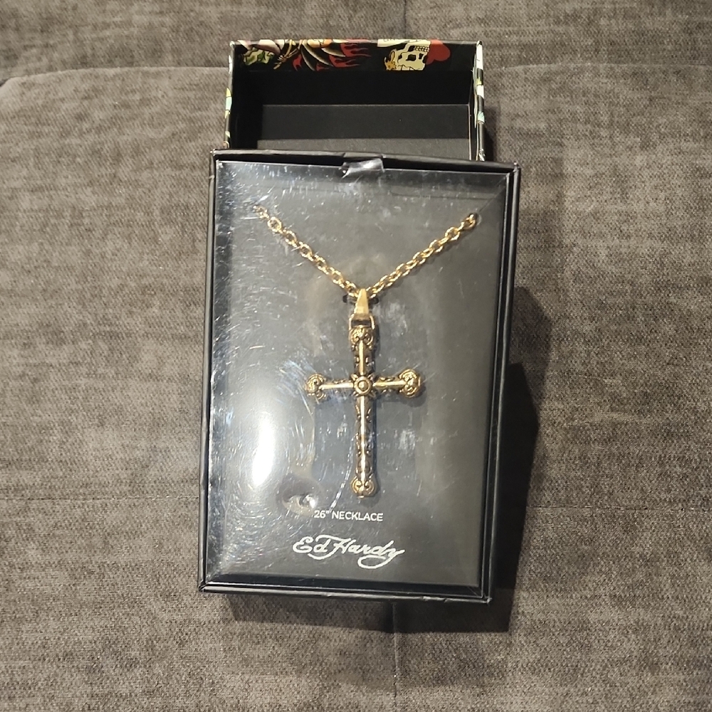 Ed Hardy Gold and Silver Cross Necklace